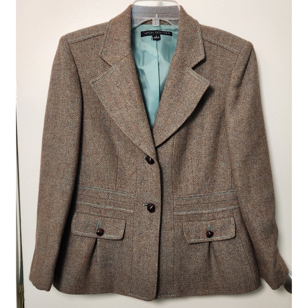 Nipon Boutique Wool Green Beige Blazer Herringbone Tailored‎ Women's 8 Med Lined